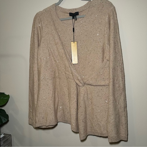 Donna Karan Beige Sequin Knit Side Knot Sweater Top Size XL - Picture 3 of 16